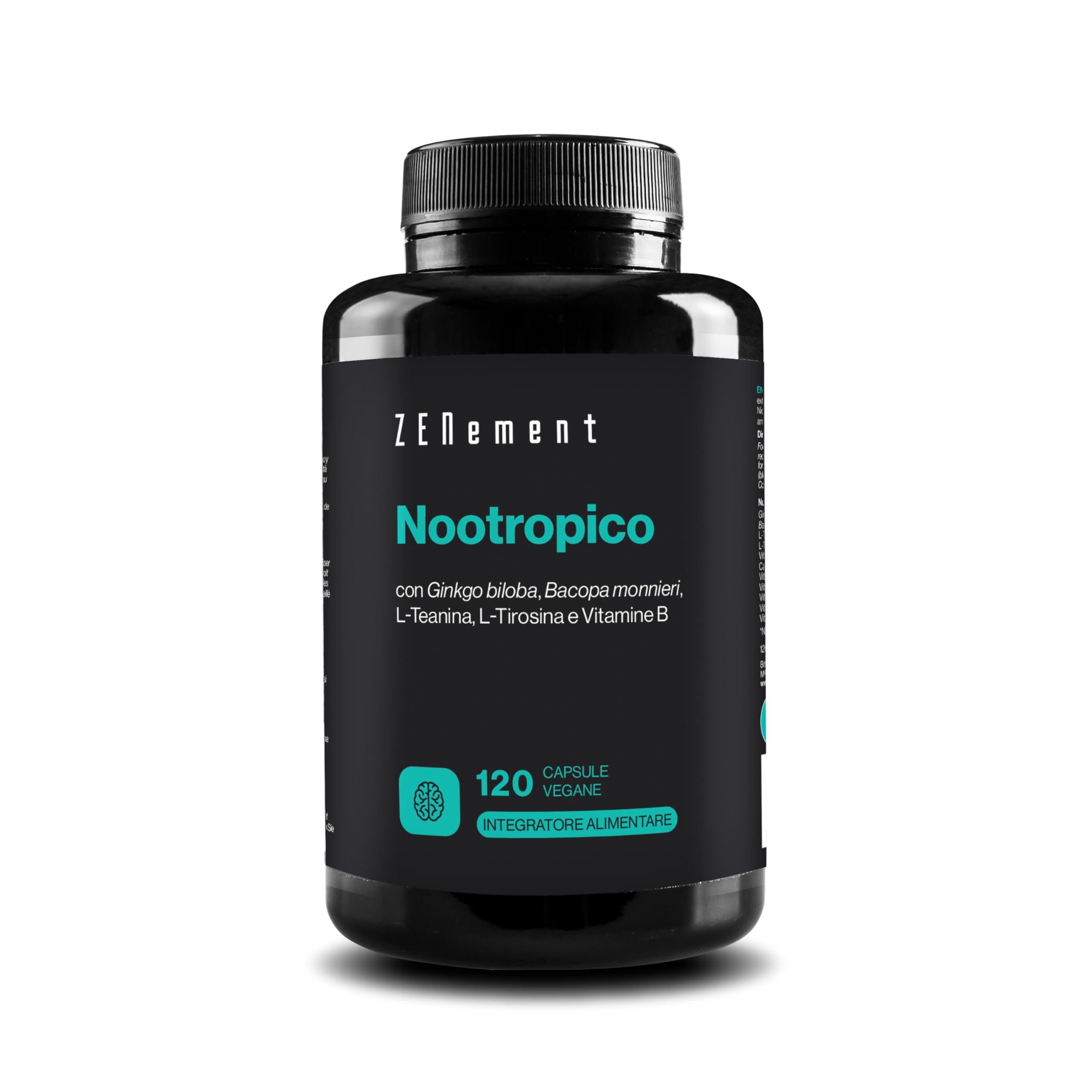 Nootropico, con Ginkgo biloba, Bacopa monnieri, L-Teanina, L-Tirosina e Vitamine B, 120 Capsule | Memoria, Concentrazione, Agilità Mentale | Vegano, senza additivi, senza allergeni, non OGM | Zenement