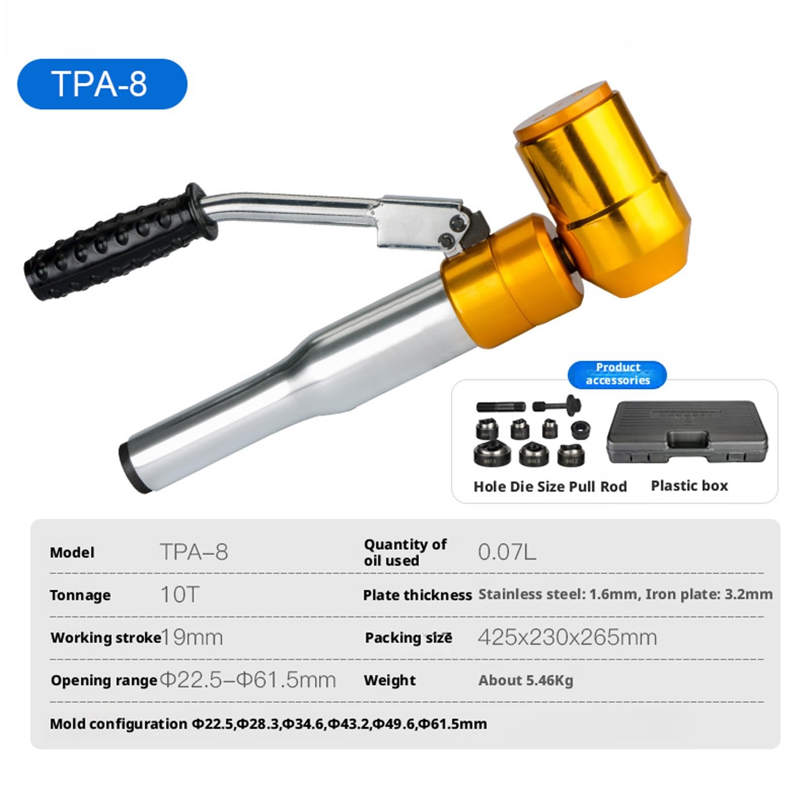 Zestaw hydraulicznych wybijaków, ręczny wybijak otworów, narzędzia do blachy 10T, hydrauliczny wybijak otworów w metalu 22,5-61,5 mm, do aluminium, stali nierdzewnej