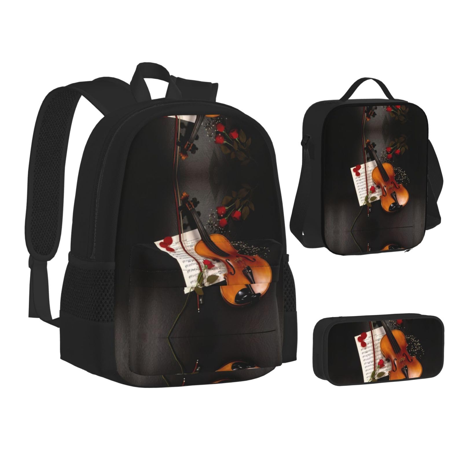 Juego de 3 mochilas escolares con estampado de partituras de violín, mochila para laptop resistente al agua de gran capacidad con bolsa de almuerzo aislada y estuche para lápices para