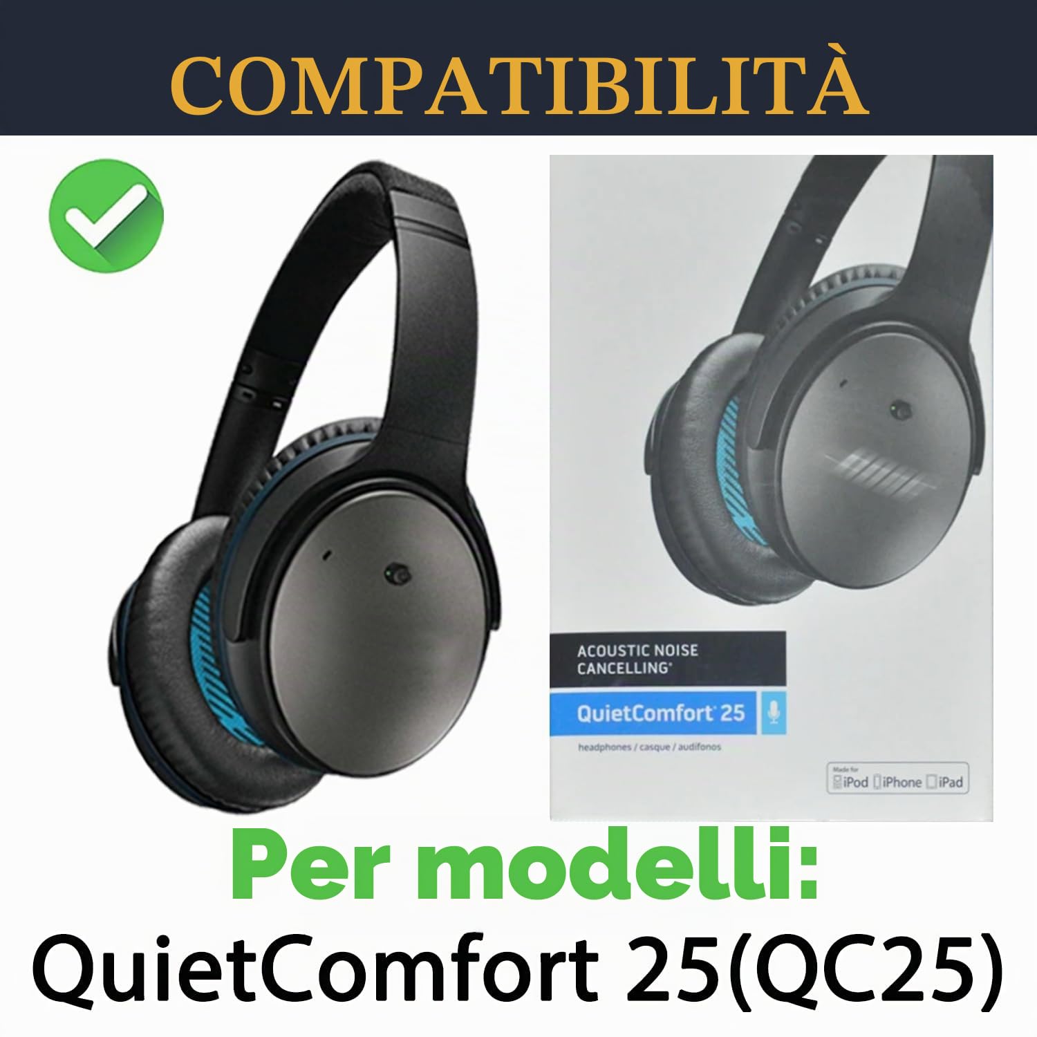 SOULWIT Cuscinetti auricolari+archetto+copriorecchie in silicone, kit di ricambio per Bose QuietComfort 25 (QC25) - Nero