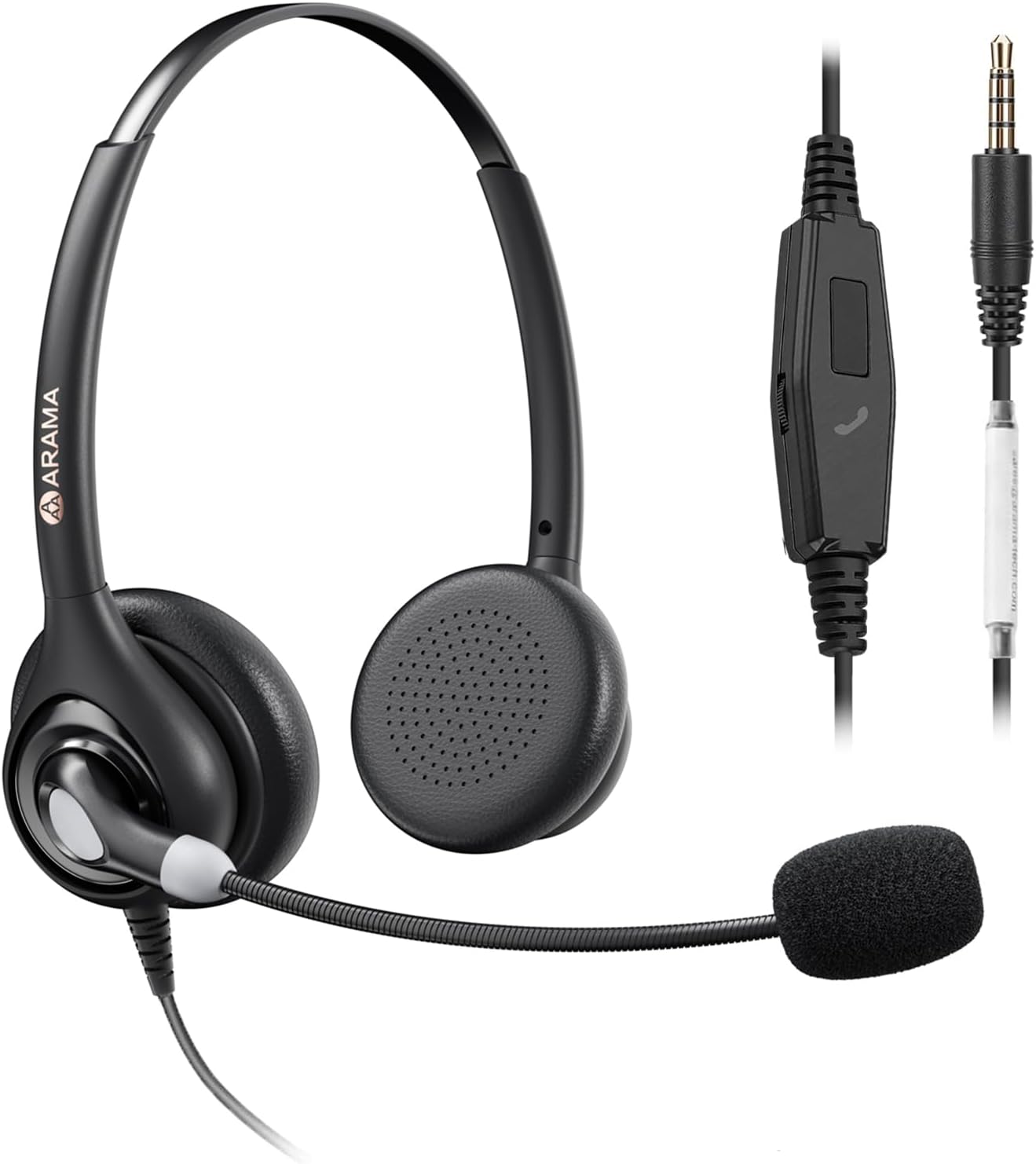 Arama Cell Phone Headset w/Lightweight Secure-Fit Headband, Pro Noise Canceling Mic and in-line Controls, 3.5mm Wired Headphones for iPhone, Samsung, LG, HTC, BlackBerry Mobile Phone and iPad Tablet