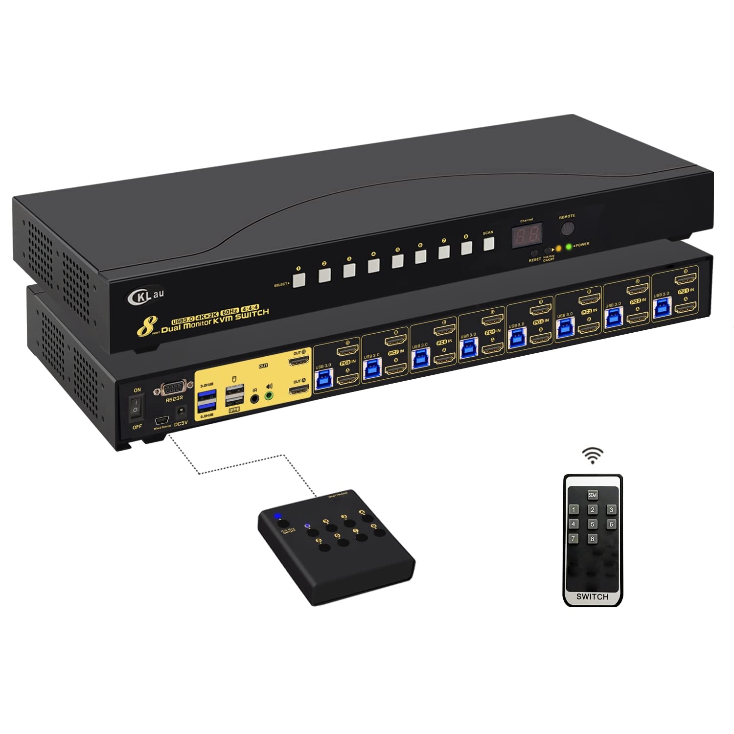 Commutateur KVM HDMI 8 ports USB 3.0 - Double écran - 4K60Hz avec audio - 2 PC - Hub USB 3.0 - Support de rack et câble - Souris de clavier - Prise en charge de la commutation sans fil