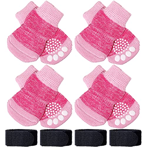 Frienda 8 Pieces Anti-Slip Socks for Cats Small Dog Socks to Prevent Licking Paws, Traction Control Boots Paw Protectors for Hardwood Floors for Puppy Small Dogs and Kittens(S,Pink)
