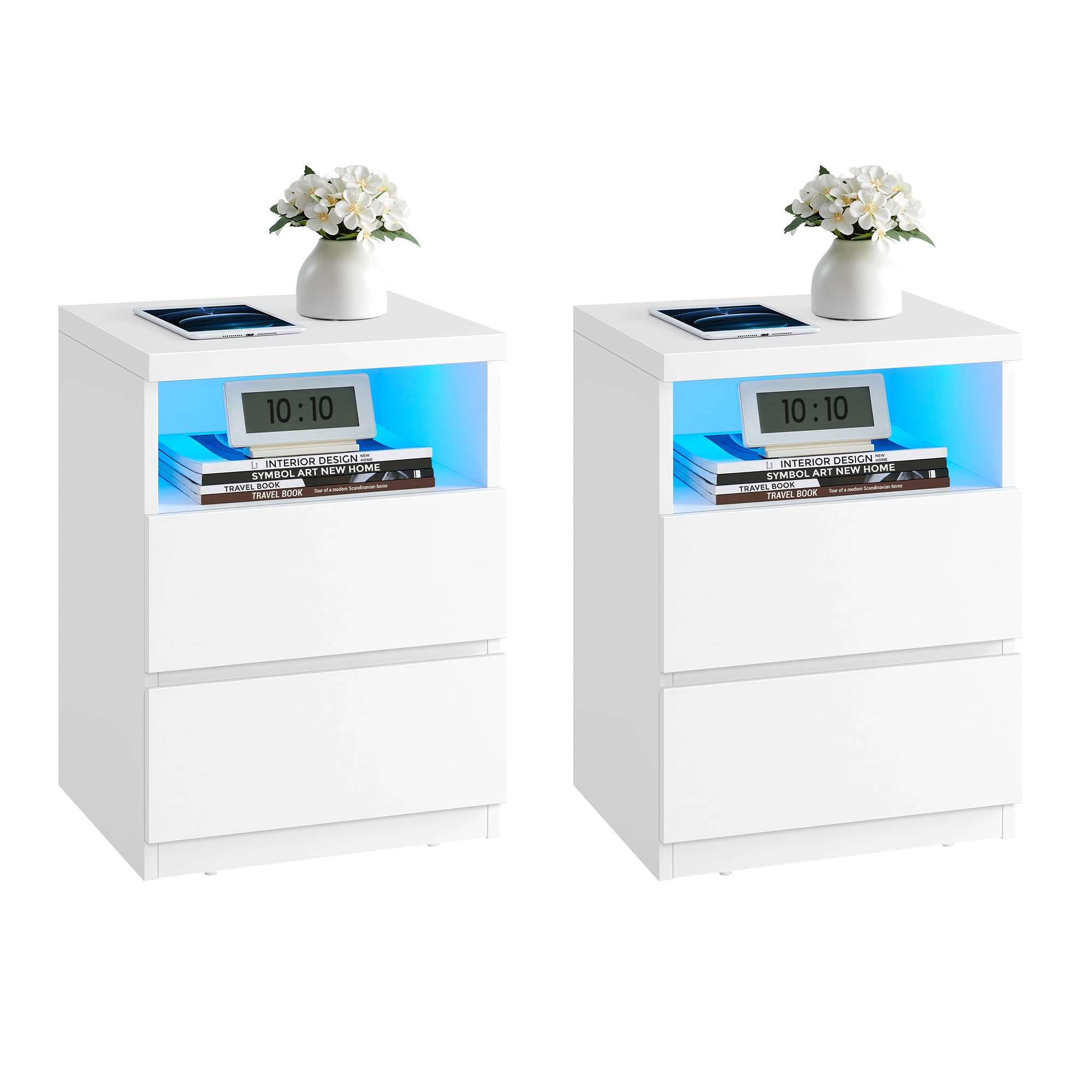 VASAGLE Set of 2 Nightstands with Adjustable LED Lights, Bedside Tables with Drawers, Side Tables, for Bedroom, Modern Minimalist Style, White ULET934T14 2 Pack