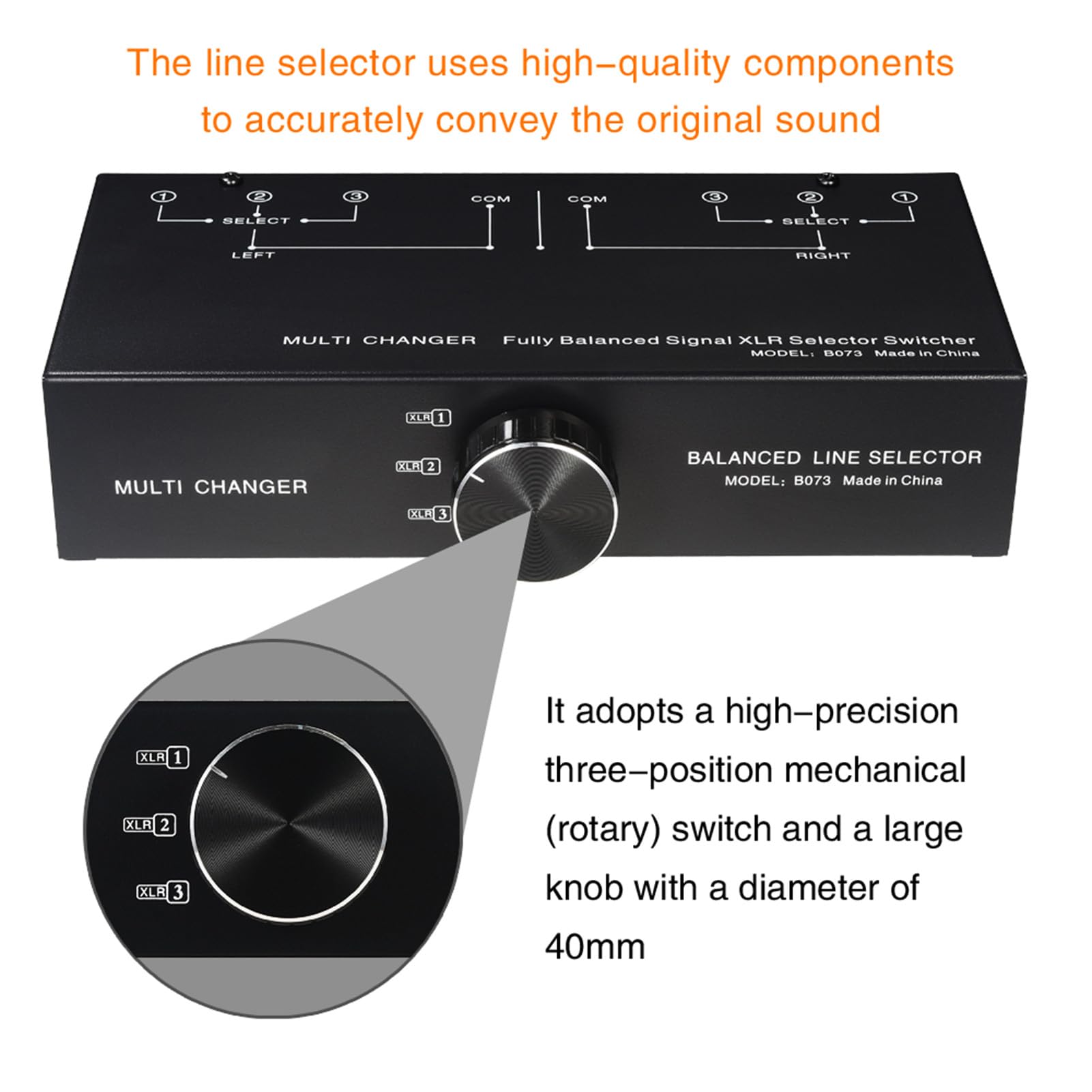 Selettore di Linea XLR Lossless a 3 per Suono Bilanciato, Interruttore di Segnale Passivo in Metallo Nero, per Appassionati di Musica 9,1 X 4,41 X 2,17 Pollici