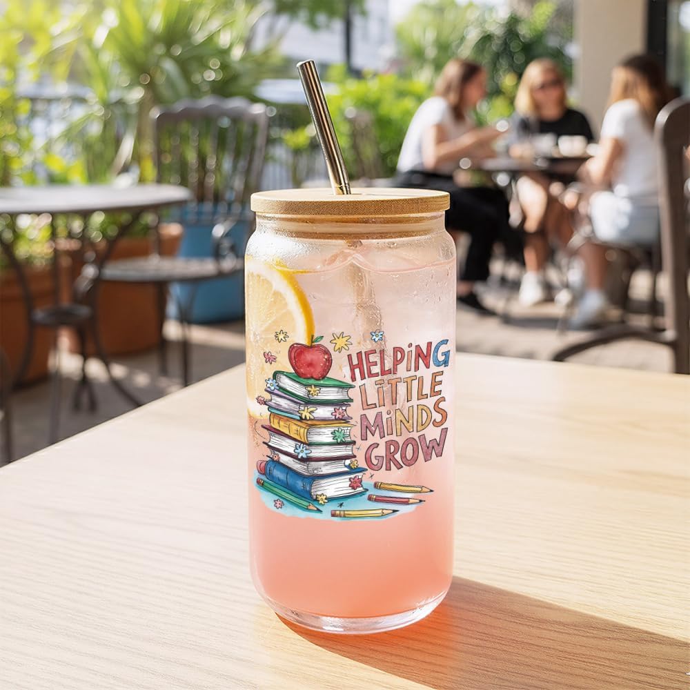 Best Teacher Appreciation Gifts for Women,Friend,Sister,Teacher Gifts for Christmas Birthday Thanksgiving,Thank You Teachers Glass Coffee Cup with Lids and Straws,Helping Little Minds Grow -116 - Image 5