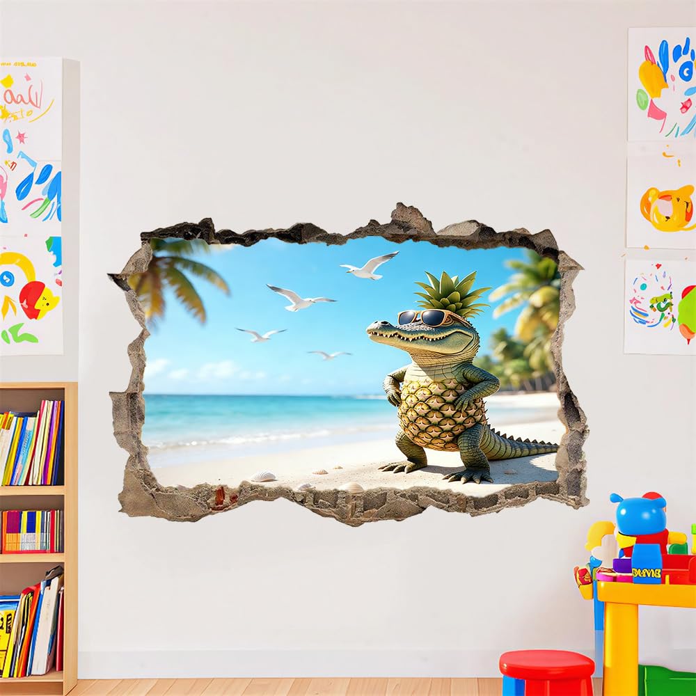 3D Durchbruch Wandtattoo Mädchen Kinderzimmer Krokodil-Ananas Wandaufkleber Dekorative Seagull Beach Landschaft Wandsticker für Junge Teenager Zimmer Wohnzimmer Schlafzimmer Wandbilder Deko