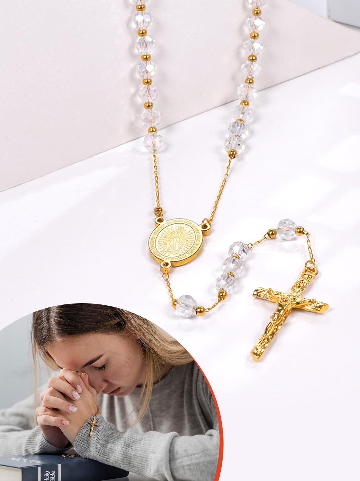FaithHeart Collier Chapelet Catholique en Acier Inoxydable pour Femme Homme, Chaîne de Rosaire 66cm avec Médaille de Vierge Marie et Pendentif Crucifix, Cadeau Bijou pour Communion et Baptême