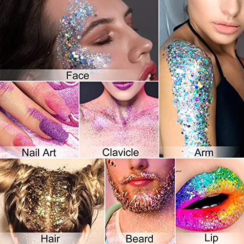 Holographic Laser Body Glitter Gel, Mermaid Sequins Face Glitter Makeup For Body, Hair, Face, Nail, Eyeshadow, Long Lasting Waterproof Party Glitter For Festival Stage Nightclubs, 1Oz (Blue, 2Pcs) #TOP4