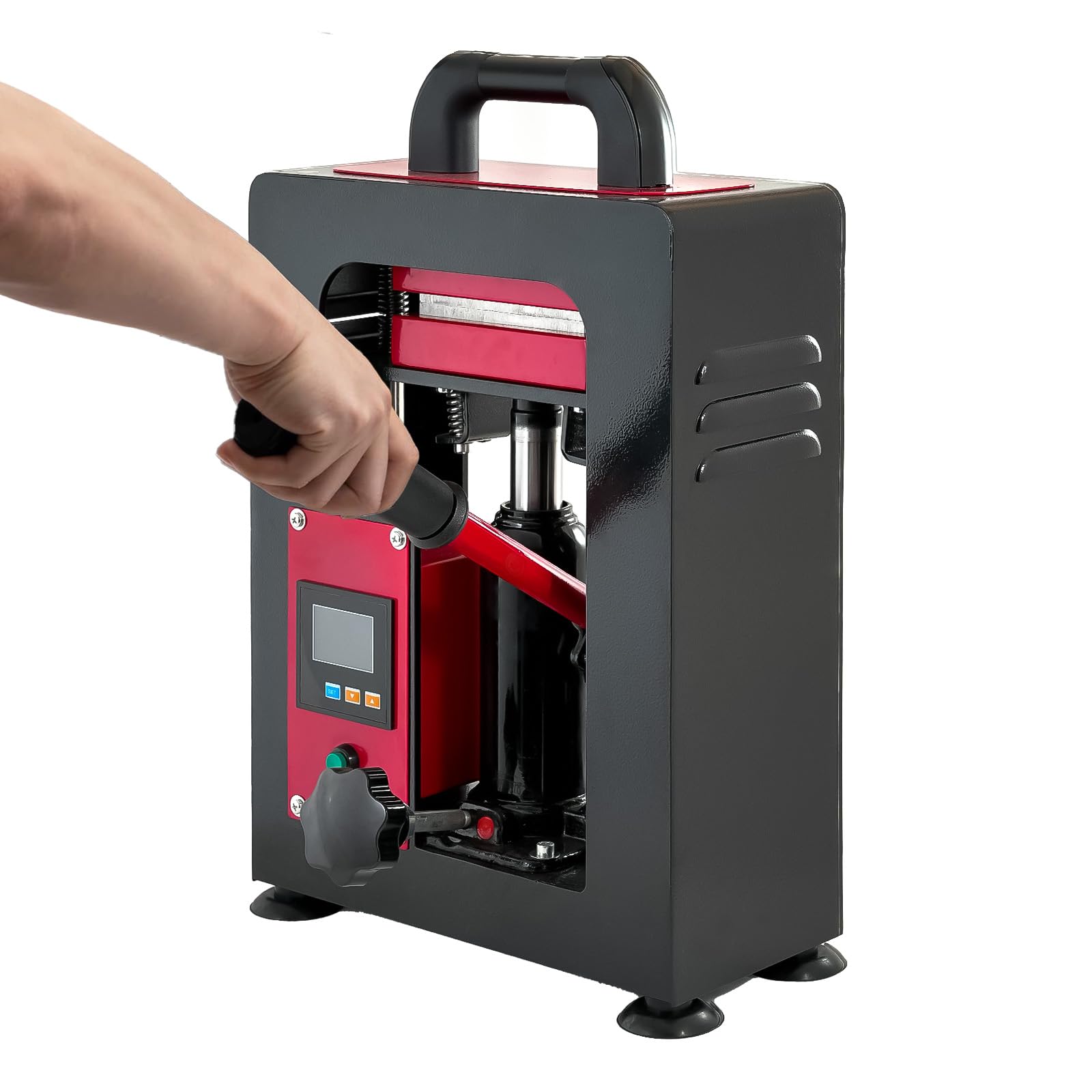 Prensa Caliente HidráUlica Manual De 5T 600 W, Equipada Con Controlador De Temporizador Lcd Y Placas Calefactoras Duales De 6 X 12Cm, Para La ExtraccióN De Resinay ExtraccióN De Aceite (Rojo)