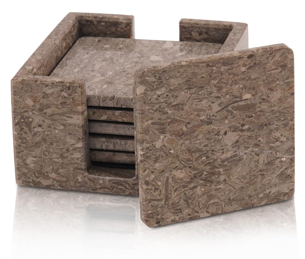 Marble Coasters Set of 6 Oceanic 3.5 Inch Square Coaster for Drinks with Holder, Drink Coaster for Tabletop & Coffee Table Decor, Ideal Home Decor House Warming Gifts