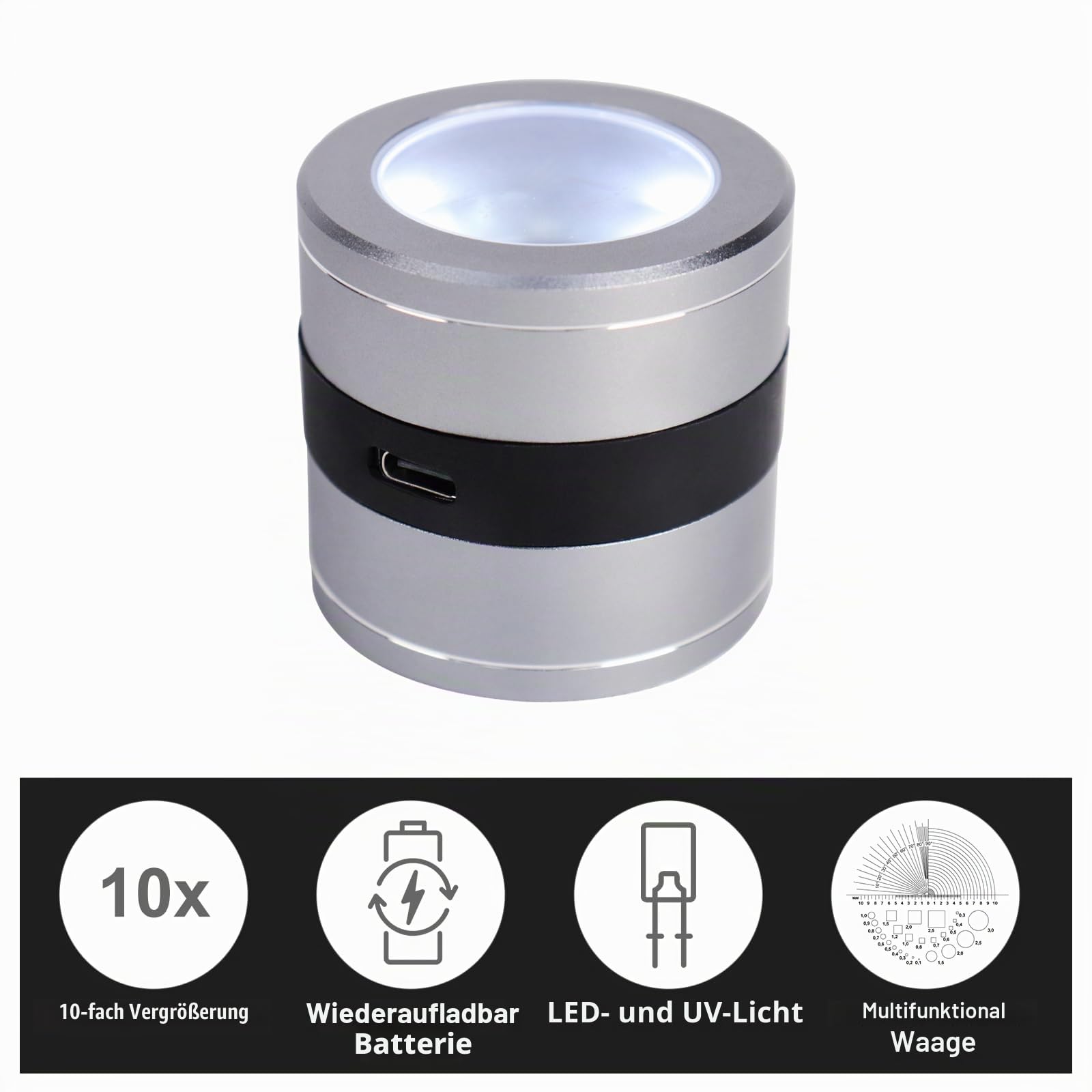 10x Juwelierlupe mit LED, UV-Licht, metrischer Skala, USB-LED-Anzeige. Ideal für Schmuck, Textil, Edelsteine, Briefmarken, Münzen