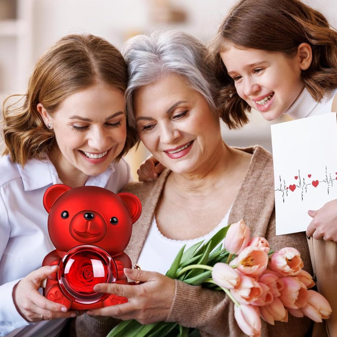 Orsetto con Rosa e Collana,Orso di Rosa Eterna Confezione Regalo con Collana a Forma di Cuore,Orsetto di Rosa Stabilizzata Vera Regalo per Donna, Fidanzata,Mamma,San Valentino,Festa della Mamma