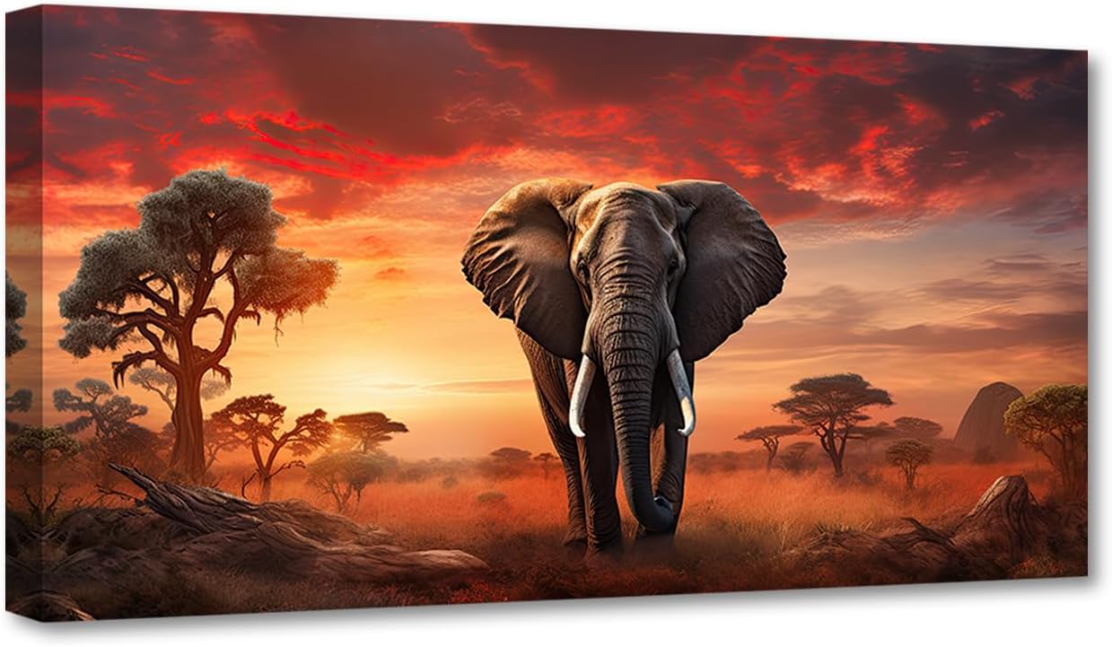 CCWACPP Elephant Canvas Wall Art Animal Pictures Wall Decor African Grassland Sunset Landscape