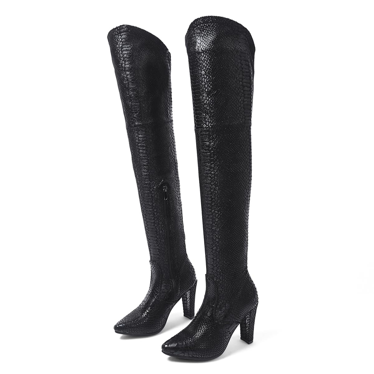 Womens Over The Knee Thigh High Chunky Heel Boots Pointed Toe Long Boots with Zipper