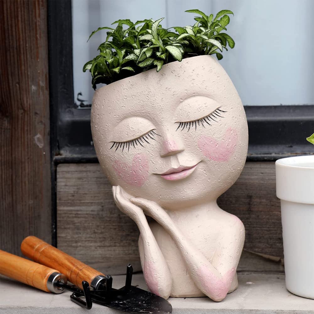 Meyas Cute Lady Face Planters, Indoor/Outdoor Succulent & Flower Pots With Drainage Hole, Resin Material, Perfect Garden Gift - Image 4