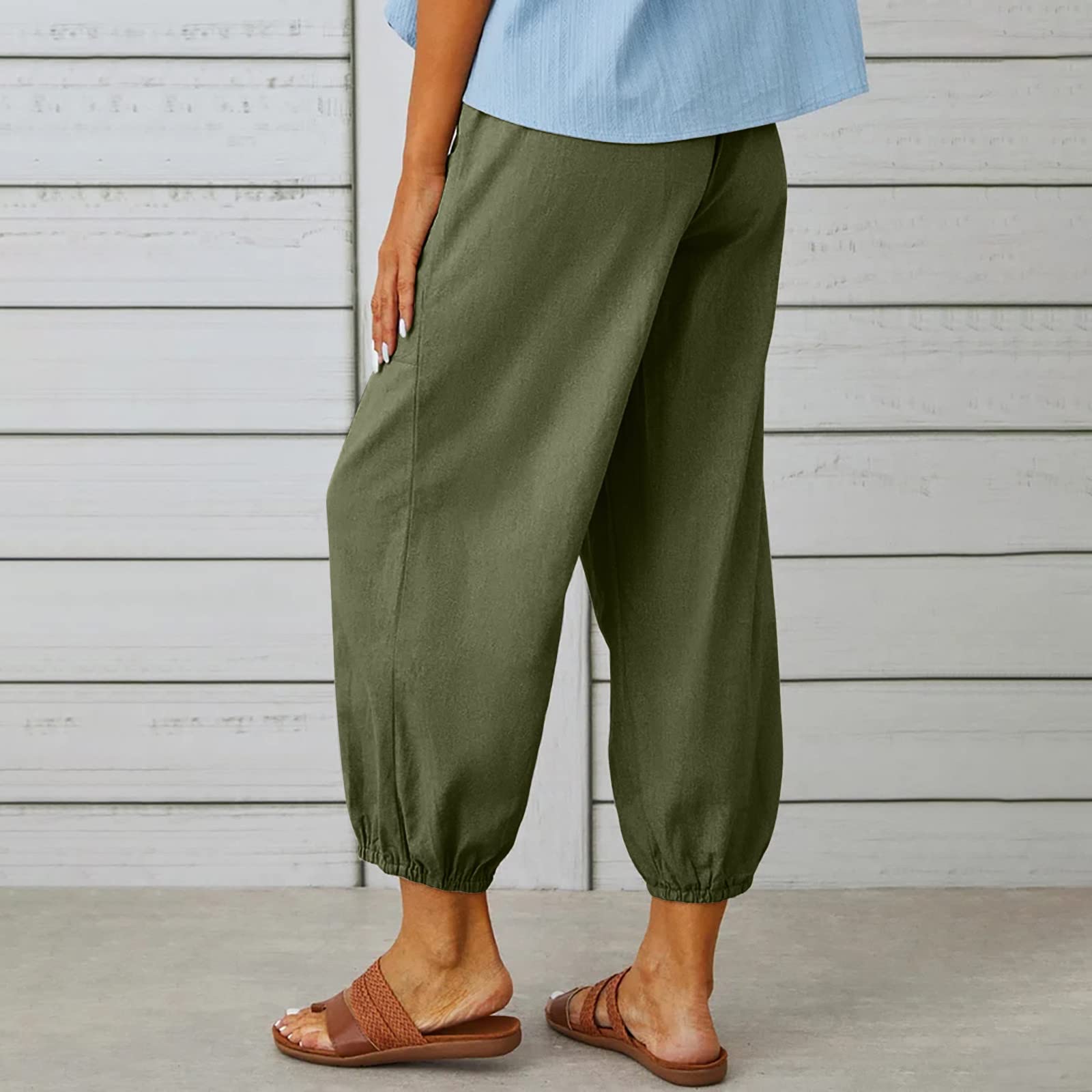Leinenhose Damen 7/8 Lang Sommerhose Baumwolle Leinen Freizeithose Lässige Einfarbig Stoffhose Casual Loose Fit Strandhose mit Taschen Yogahose Elastische Taille Haremshose Caprihose