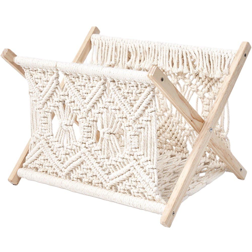 Uzztfa Macrame Magazine Rack Boho Storage Holder Standing Basket for Books, Newspapers, Living Room, Bathroom, Office, Nursery, Home Decor