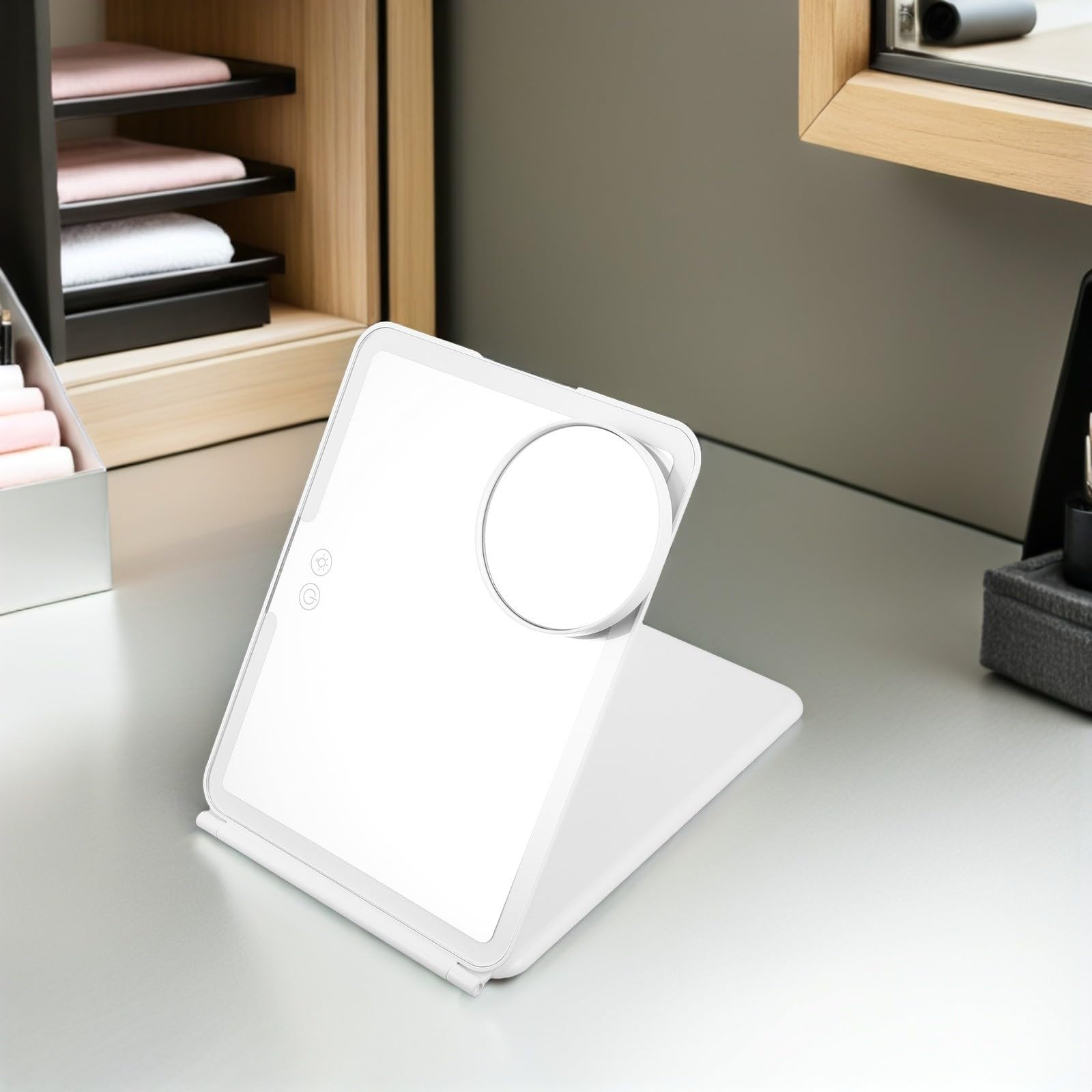 Specchio Batteria 1500mah Luce Regolabile a 3 Colori LED Pieghevole con Ingrandimento 10x Design Compatto in Abs e Alluminio per Make-up per Casa e Scrivania