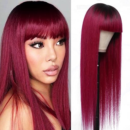 REMY HAIR - Peluca larga y lacia con flequillo de 26 pulgadas, pelucas de cabello humano sin pegamento, hechas a máquina, peluca sedosa y lacia,