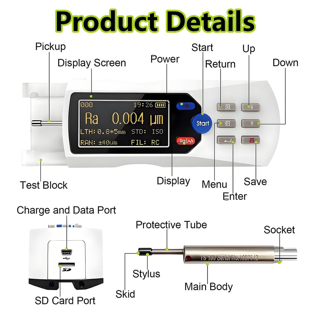 Probador Rugosidad Digital,Probador Rugosidad Superficial,Rango Medición 0,025 Um a 12,5 Um,Sonda Diamante,Pantalla LCD,para Detección Superficies White