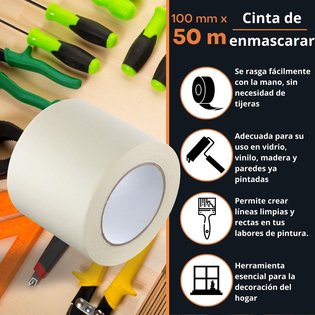 GTSE - Cinta de enmascarar de 100 mm x 50 m - Cinta Carrocero - Cinta de pintor para proteger las superficies al decorar - Adhesivo sin disolventes - 1 rollo