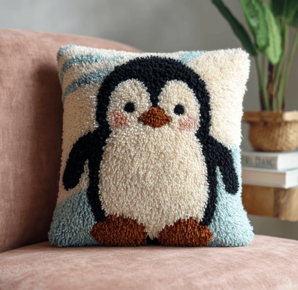 Kitquiver Latch Hook Cushion Kit,Penguin DIY Throw Pillow Cover 43X43Cm