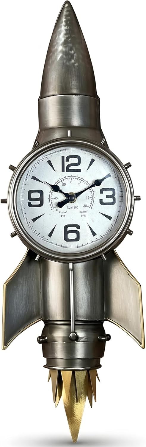 Space Decor Rocket Wall Clock, Pilot Gifts Aviation Gifts Industrial Metal Wall Decor for Men, Vintage Space Rocket Art Inspired Man Cave Decor Unique Wall Sculpture for Living Room Office Boys Room