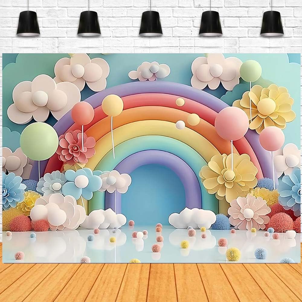 Rainbow Backdrop Colorful Rainbow Cloud Balloon Photography Background Pink Sky Clouds Girl 1st Birthday Party Backdrop Kids Birthday Baby Shower