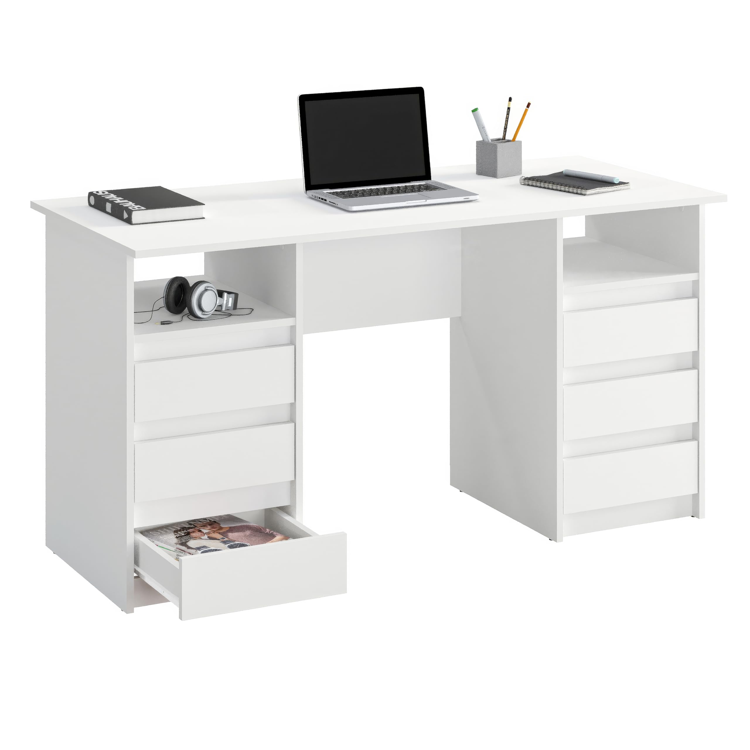 KOMTO Schreibtisch mit Schubladen - Oslo 140 x 60 x 74 cm Moderner Schreibtisch Weiß Bürotisch Computertisch Arbeitstisch Büro PC-Tisch Kinderschreibtisch mit Stauraum