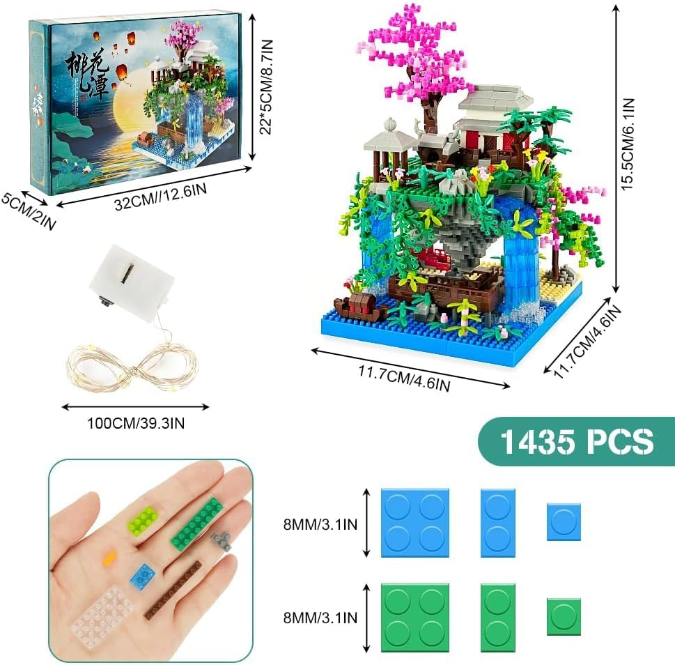 Diagram showing dimensions of the assembled SKY LINE OCEAN Cherry Blossom Tree Set and individual block sizes.