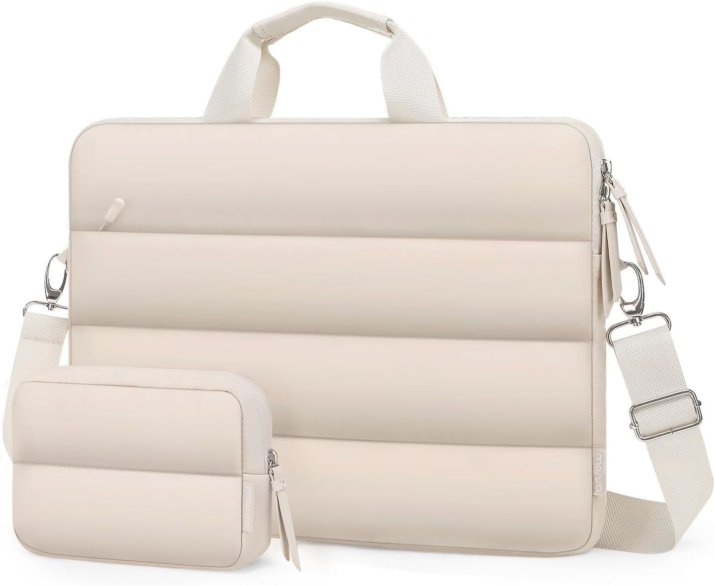 MOSISO 360 Protective Puffy Laptop Shoulder Bag,15-15.6 inch Computer Messenger Bag Compatible with MacBook Pro 16 inch, HP, Dell, Lenovo,Asus Notebook with Horizontal pocket&Small Case&Belt, Sand