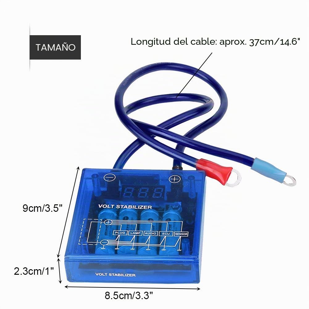 Estabilizador de Voltaje Digital Coche 12V Kit de estabilizador de regulador de Voltaje Universal con 3 Cables de Tierra para camión de Carro(Azul)