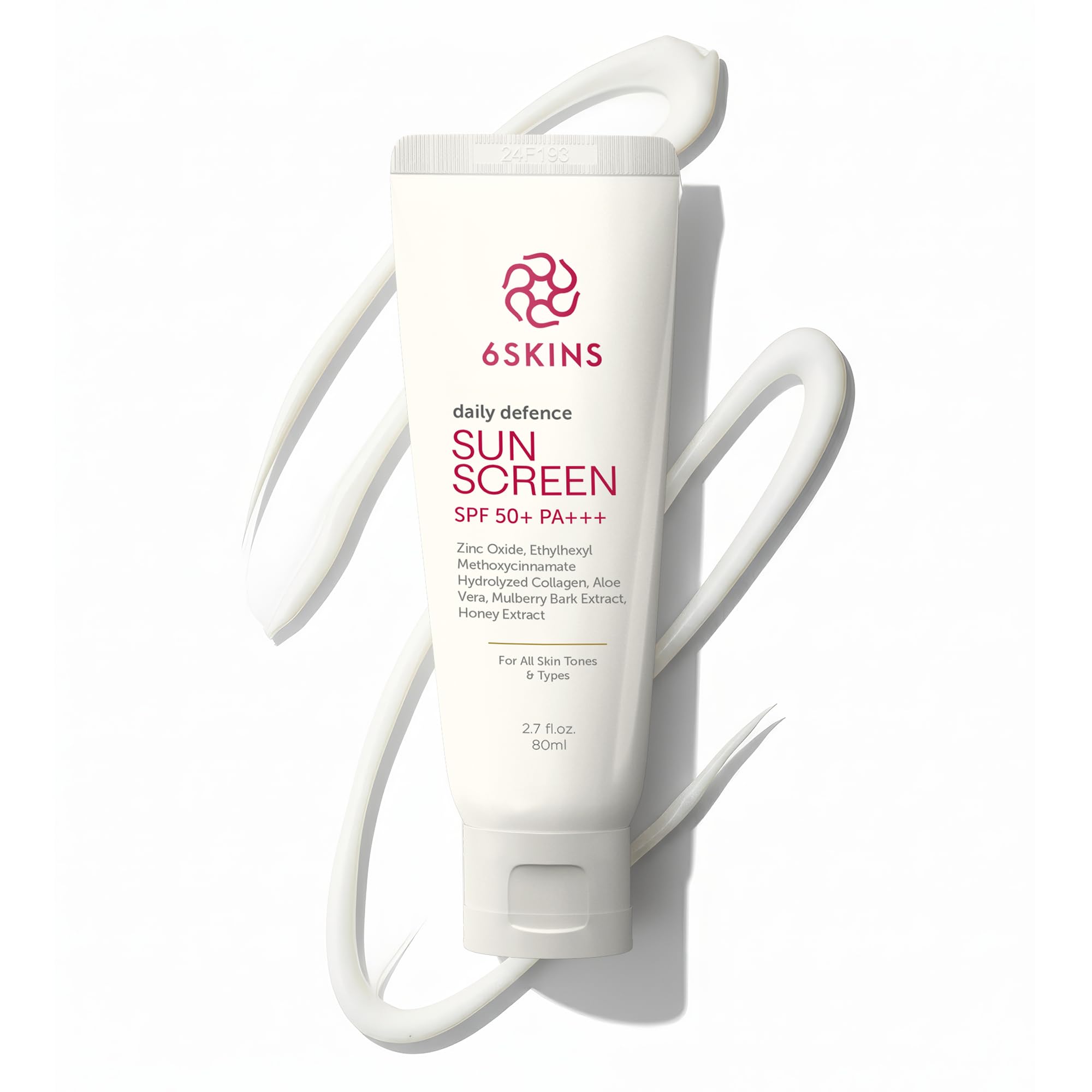 6SKINS® Daily Defence SUN SCREEN SPF 50+ PA+++ for Broad Spectrum UVA/UVB | 5% Titanium Dioxide, 2% Zinc Oxide Korean Sunscreen | Collagen-Boosting Face Moisturizer with No-White Cast, Non Greasy 80ml