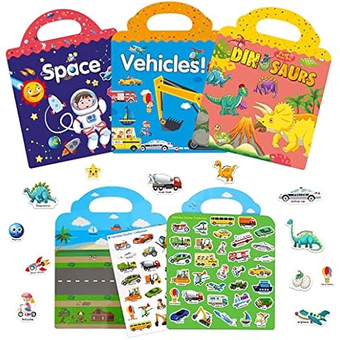 Lyneun 3 Pack Reusable Sticker Books for Toddlers, Sticker Books for Children, Sticker Books for 2 3 4 year olds, Dinosaur Sticker Book Space Vehicle Stickers Kids Boy Girl Birithday Gifts Cover