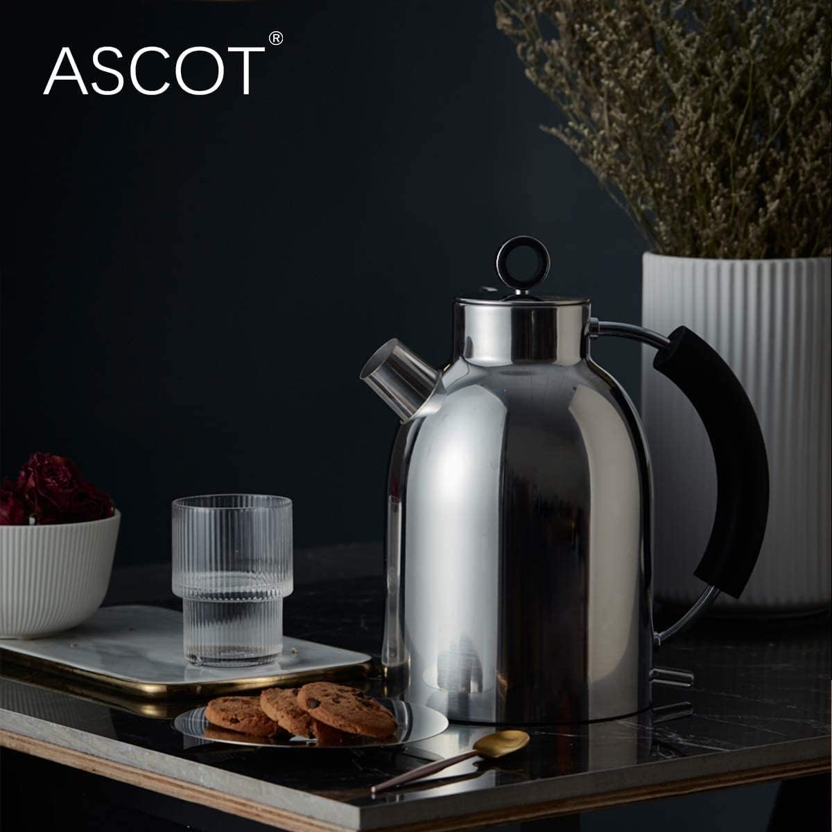 ASCOT Bollitore in acciaio inox, bollitore elettrico, regali per uomo/donna/famiglia, 1,5 litri, retro bollitore per tè a secco, spegnimento automatico (argento lucidato)