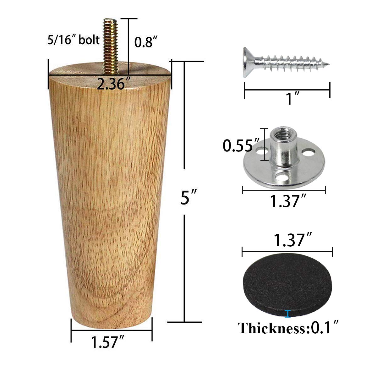 Sopicoz Wood Furniture Legs Set of 4 Sofa Legs 5 inch Clear Coated