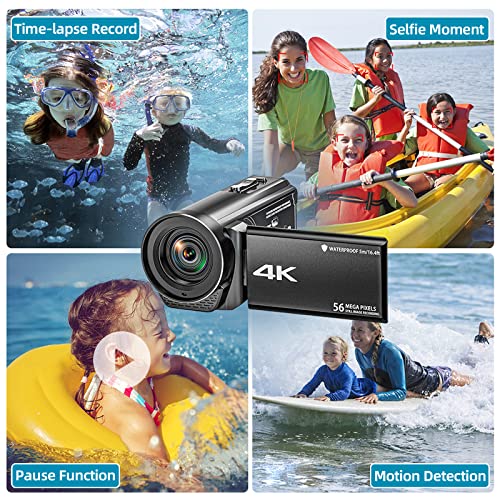Sprandom Camcorder Video Camera 4K Ultra Hd 56Mp 30Fps Vlogging Camera For Youtube, 18X Digital Zoom Underwater Camera, 16.4Ft Waterproof Video Camera With 3400Mah Battery, Charger, 64Gb Sd Card #TOP3