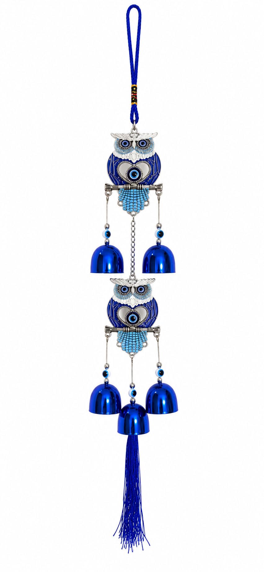 Evil Eye Owl Hanging Decor with Premium Metal Bells for Home Office Car, Blue Decorative Wind Chime Wall Hanging Gift Item for Positive Energy & Protection-picture-35