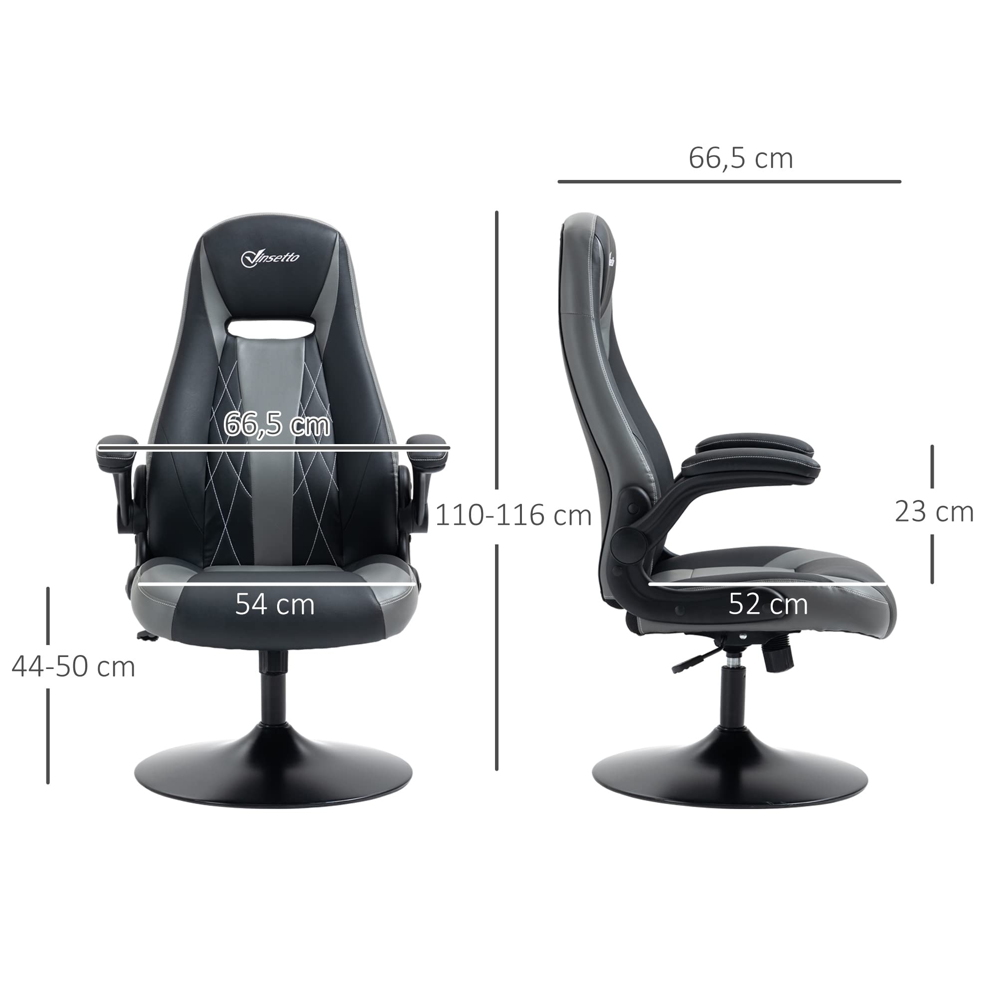 Vinsetto Chaise de Gaming Ergonomique avec Base Ronde métal pivotante 360° Hauteur réglable têtière accoudoirs relevables PVC Gris Noir