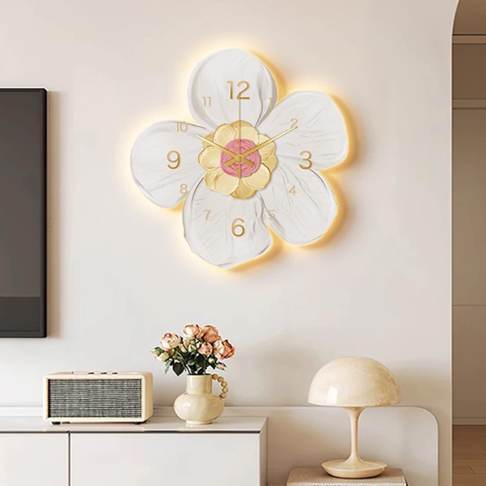 Orologio da parete floreale 3D con luce LED, design moderno floreale, movimento silenzioso senza ticchettio, decorazione luminosa per soggiorno o camera da letto, 45 cm