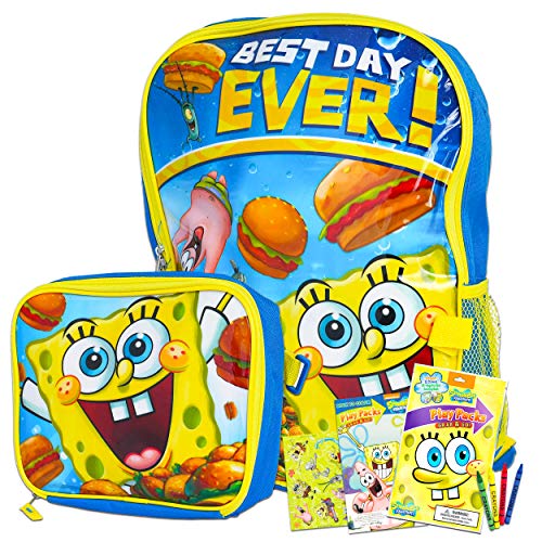 Spongebob Squarepants Backpack and Lunch Box Set for Boys Girls Kids ~ 3 Pc Bundle With Deluxe 16" Backpack with Insulated Lunch Bag and Stickers (Spongebob School Supplies)