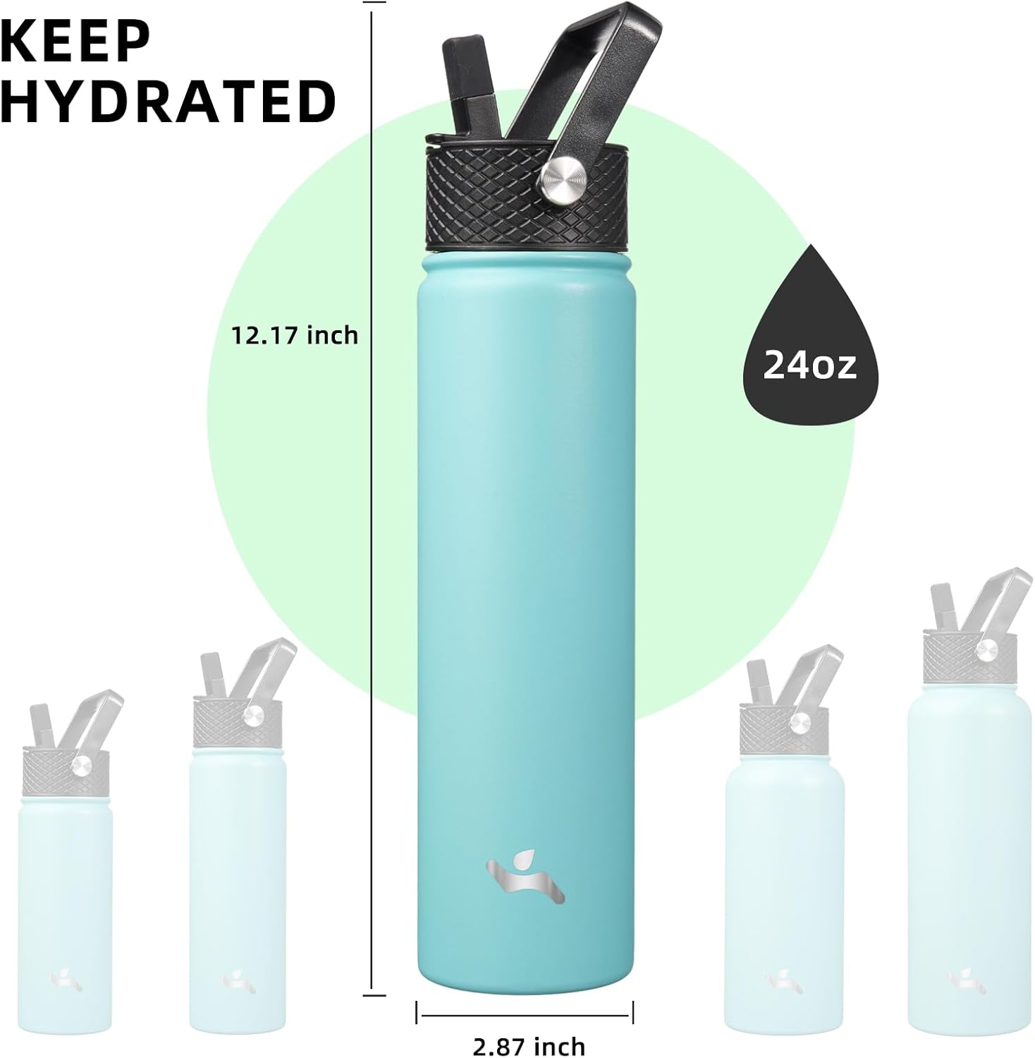 Insulated Water Bottle 24oz Stainless Steel Sport Bottles with 3 Lids,Turquoise - Image 5