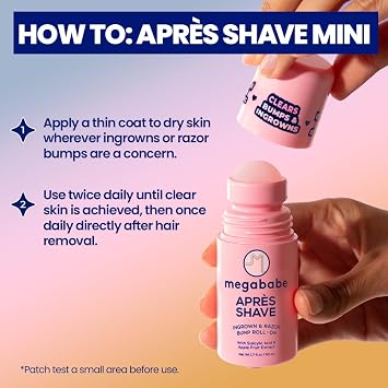 Megababe Mini Apres Shave (1.7 fl oz) | Travel size post-Shave & Waxing | Vacation Essential | Ingrown Hair & Razor Bump Roll-On Treatment for Women | Bikini, Armpits & Legs