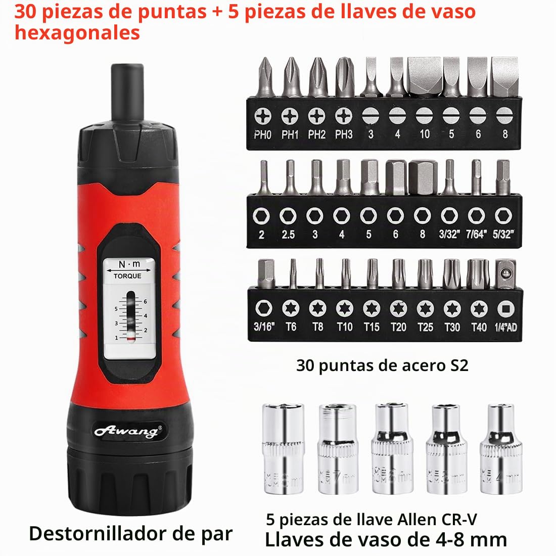 Awang Destornillador dinamométrico 1-6 NM, llave dinamométrica, 36 piezas, para reparación de bicicletas con soporte de puntas