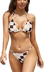 Conjunto de biquíni feminino sexy frente única brasileiro tanga atrevida com cordão de duas peças, Xadrez cáqui, PP