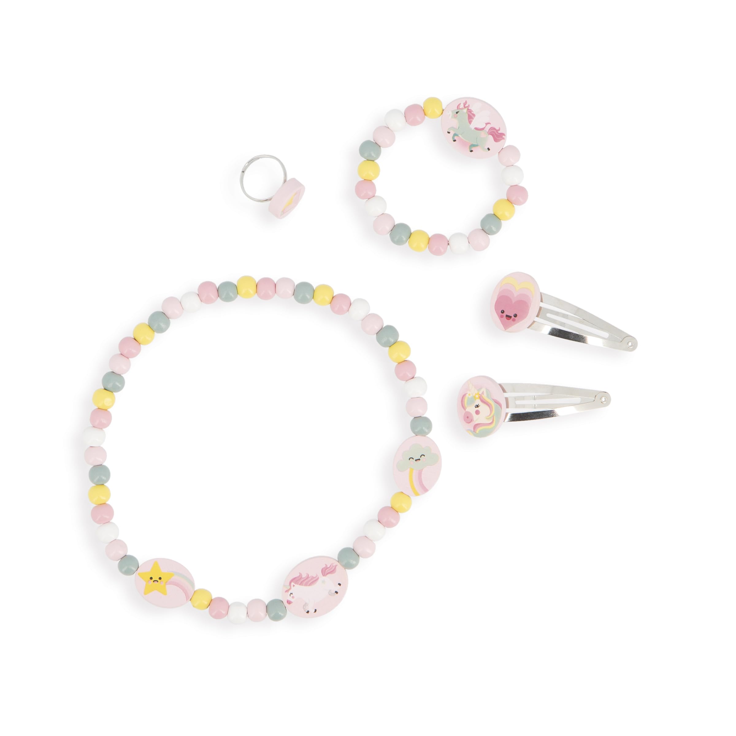 Janod Set de 5 Joyas de Madera Unicornios - 1 Collar, 1 Pulsera, 1 Anillo y 2 Clips - Joyas de Madera y Metal FSC - Accesorio de Moda - A Partir de 3 Años - J08880