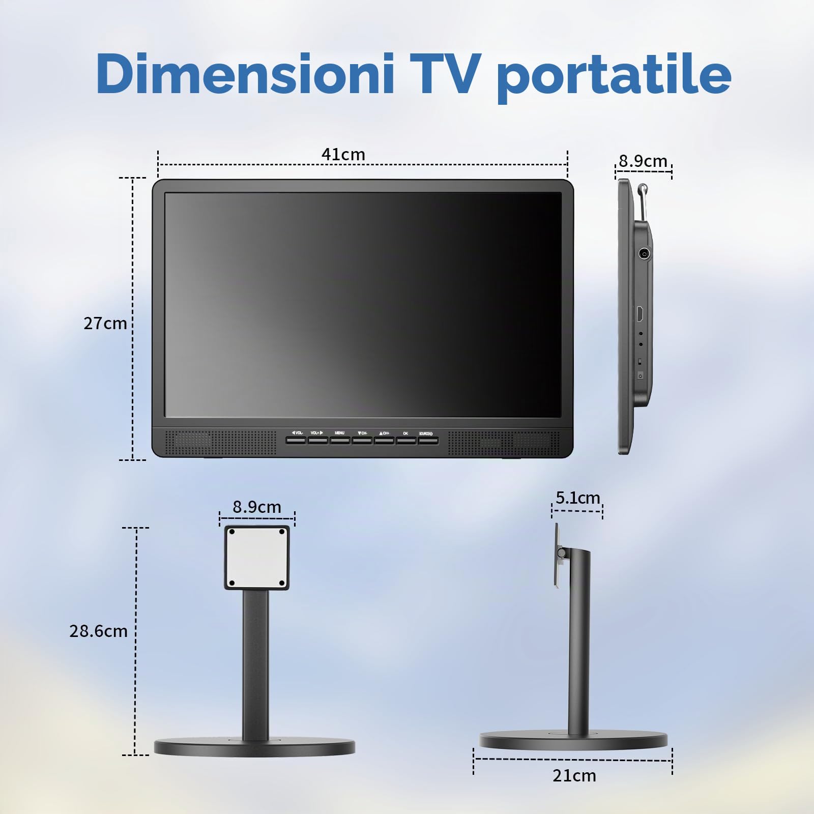 Desobry 18 pollici TV portatile con antenna, Mini TV LCD con sintonizzatore DVB/T2, 12V televisione ricaricabile 6000mAh con supporto rotondo per campeggio all'aperto, camera da letto, cucina