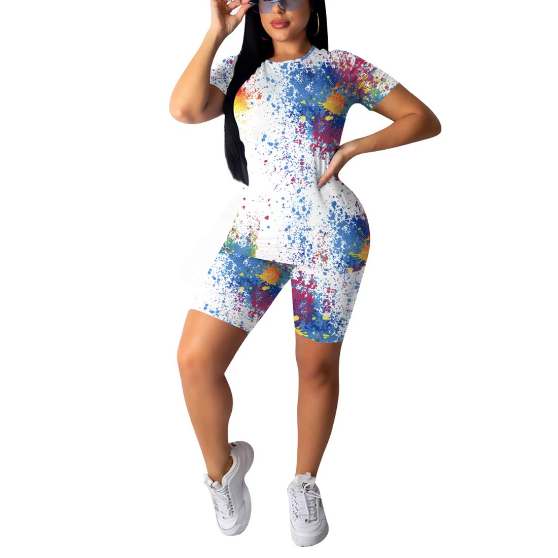 Nimsruc Women's 2 Piece Outfits Summer Casual Print Bodycon Shorts Pant Set