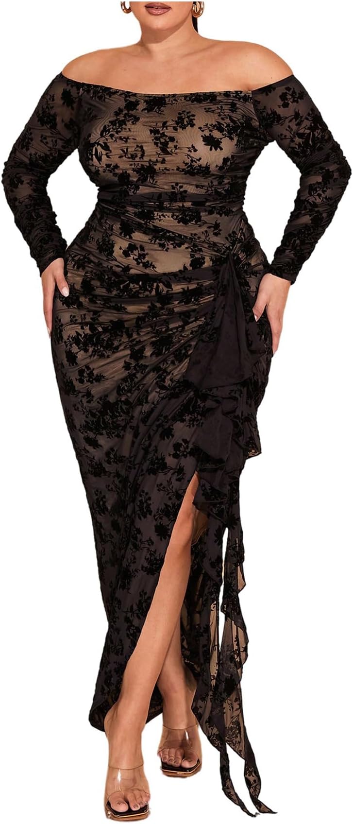 Women's Plus Size Off Shoulder Dress Mesh Long Sleeve Ruffle Trim Bodycon Maxi Dresses